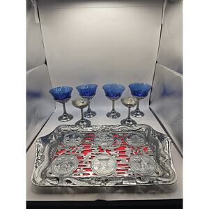 Vintage Japanese Tray With 4 Small Blue Glasses With Metal Stems